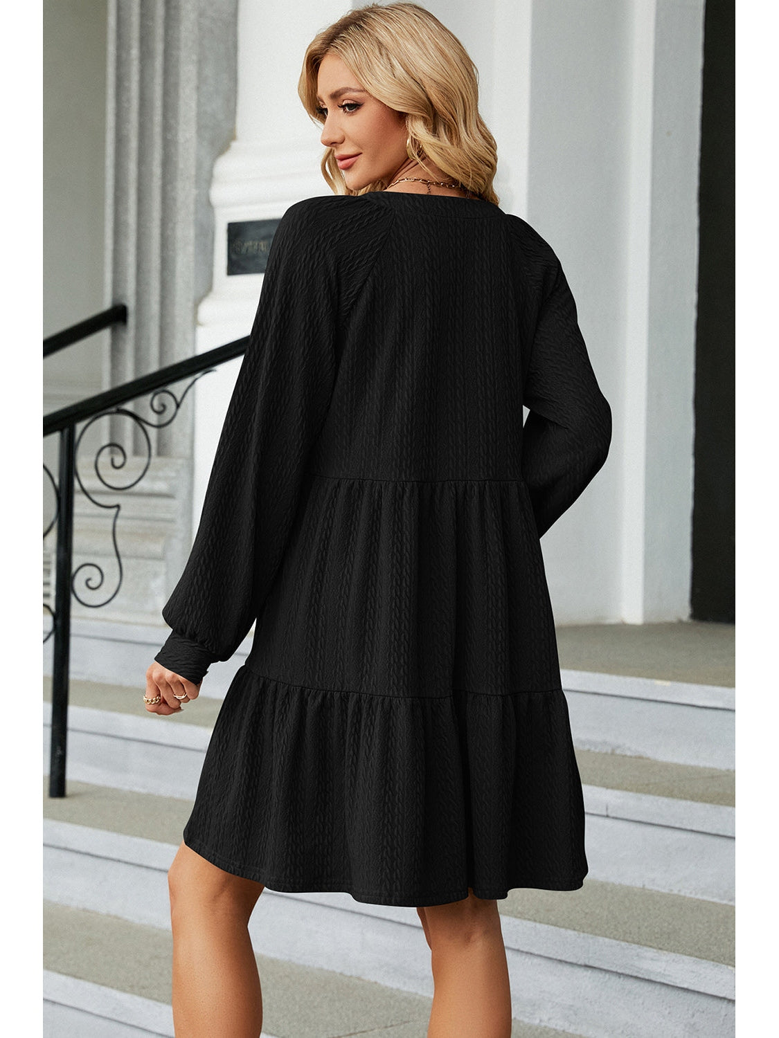 Ruched Notched Long Sleeve Mini Dress nicholesgifts