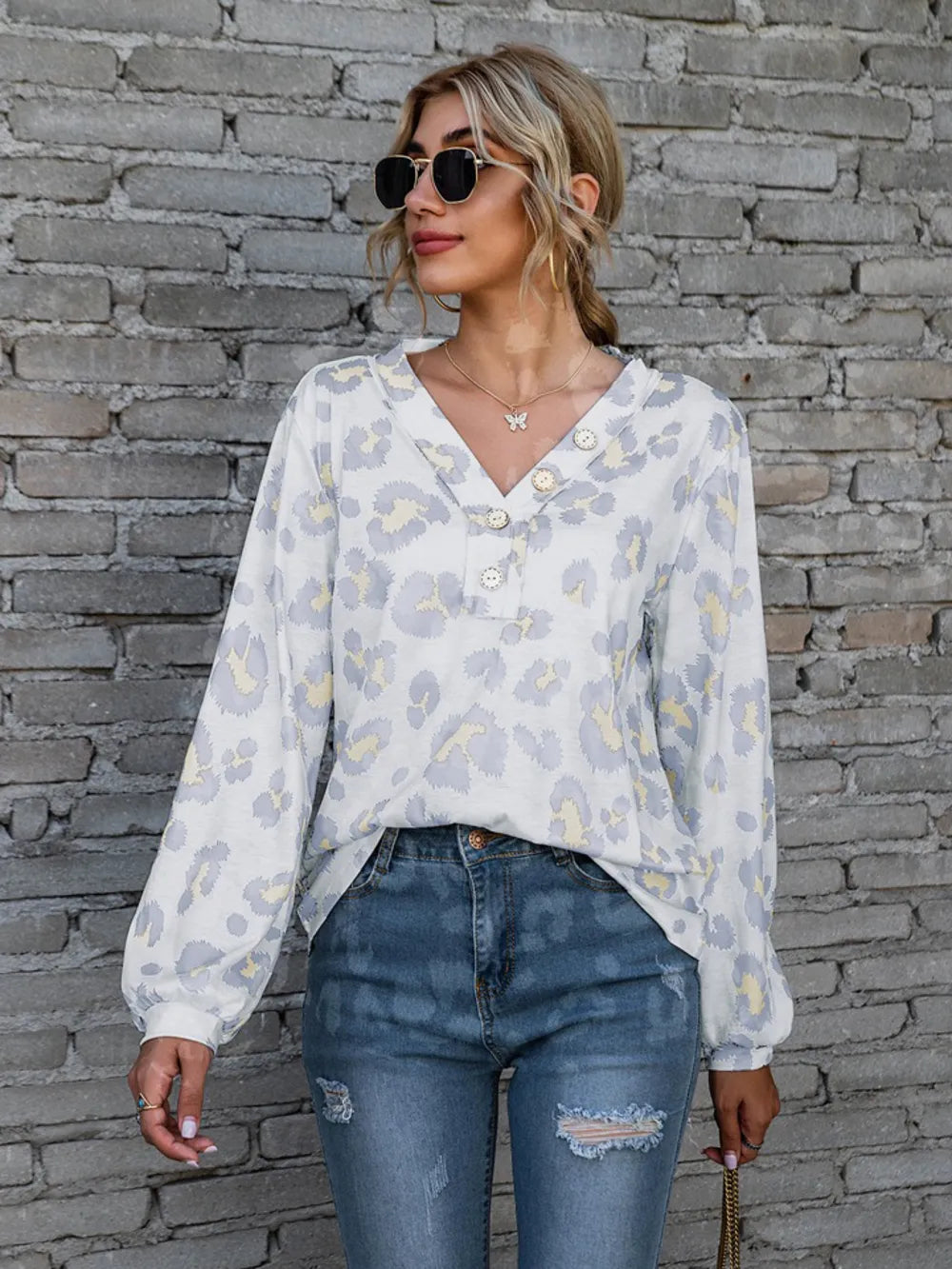 Leopard V-Neck Decorative Button Long Sleeve Blouse NicholesGifts