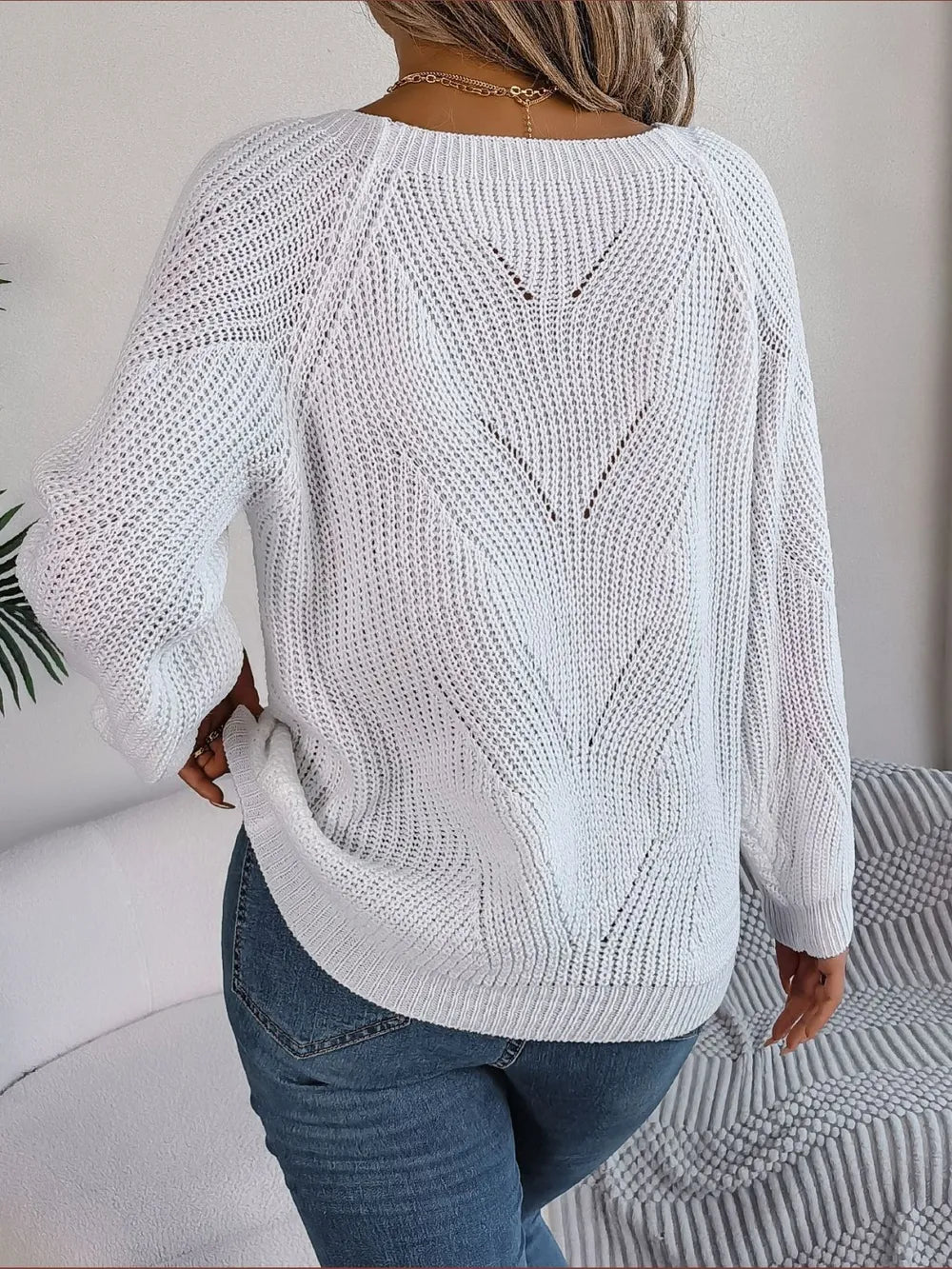 Openwork Buttoned Square Neck Sweater Trendsi