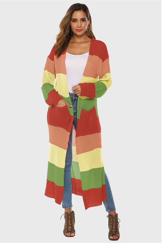Women Color Block Long Sleeve Pocketed Cardigan NicholesGifts
