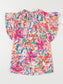 Women Ruffled Printed Tie Neck Cap Sleeve Blouse nicholesgifts