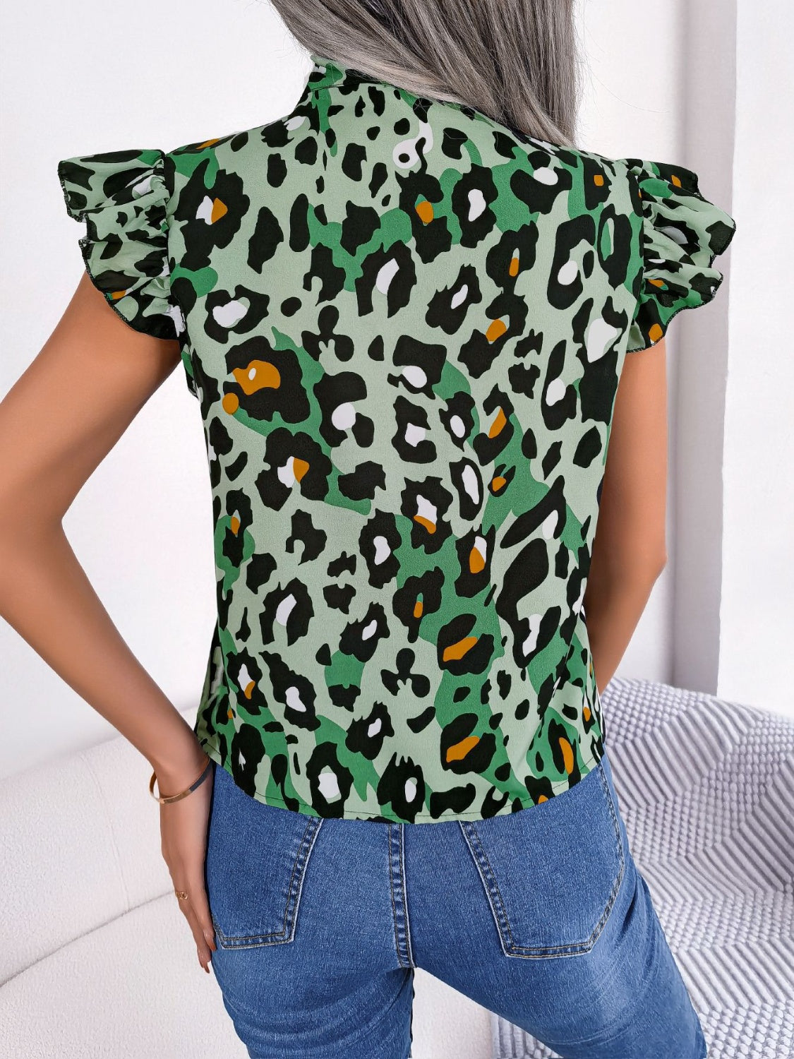 Leopard Tie Neck Cap Sleeve Blouse nicholesgifts