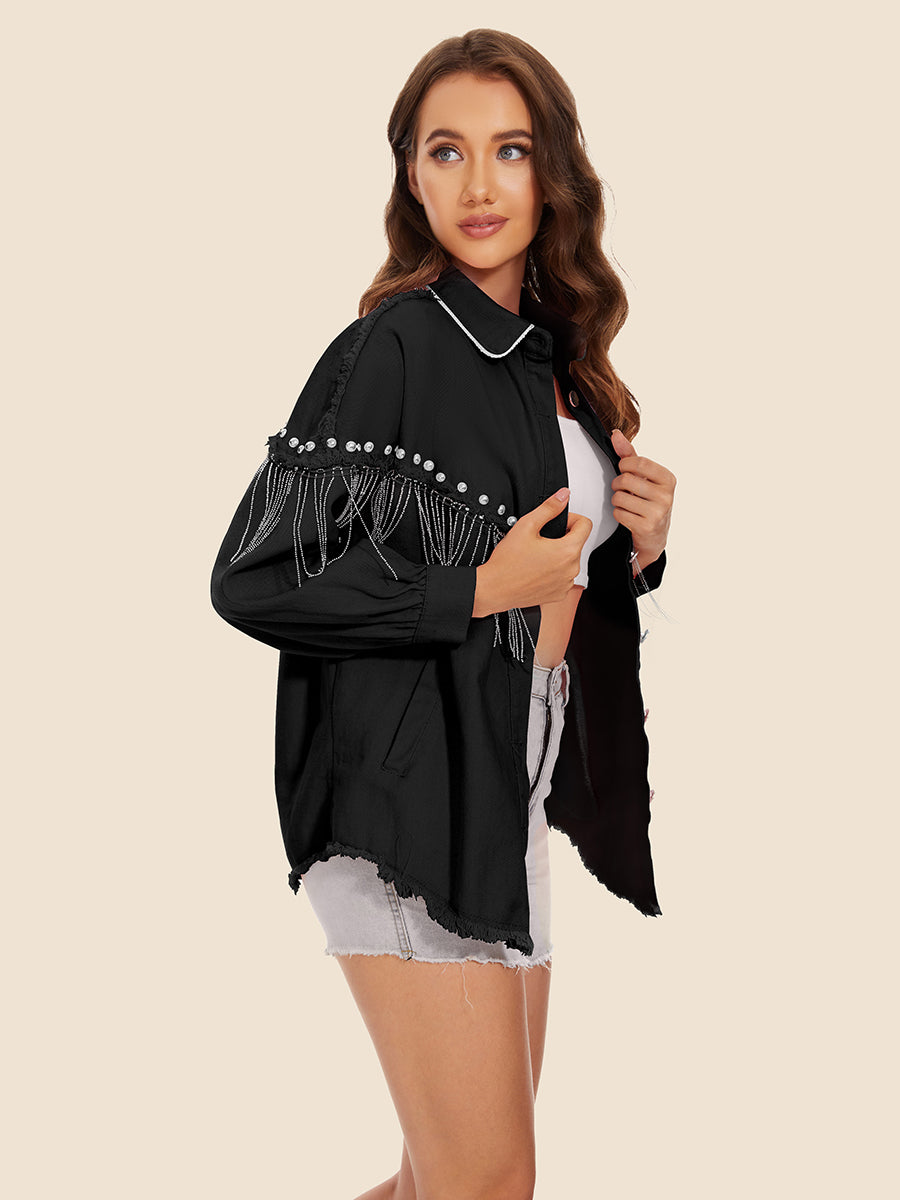 Raw Hem Fringe Detail Denim Jacket nicholesgifts