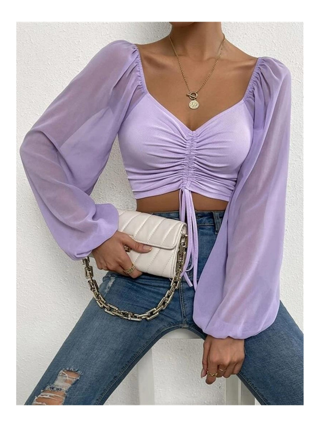 Women Drawstring Sweetheart Neck Cropped Top nicholesgifts