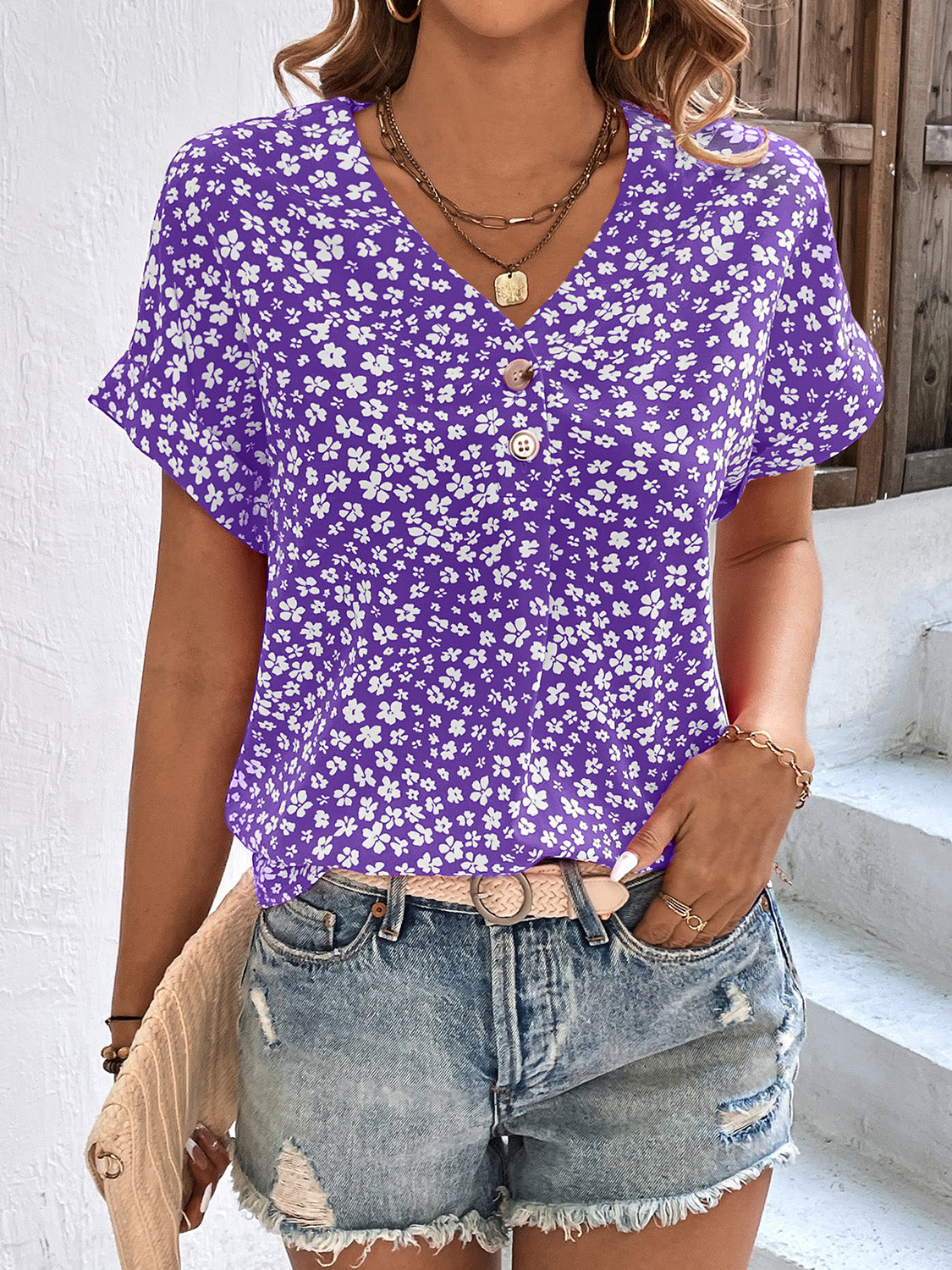 Printed V-Neck Short Sleeve Blouse nicholesgifts