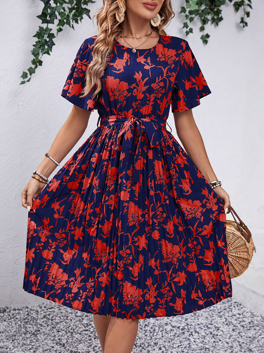 NicholesGifts Women Printed Round Neck Short Sleeve Dress NicholesGifts