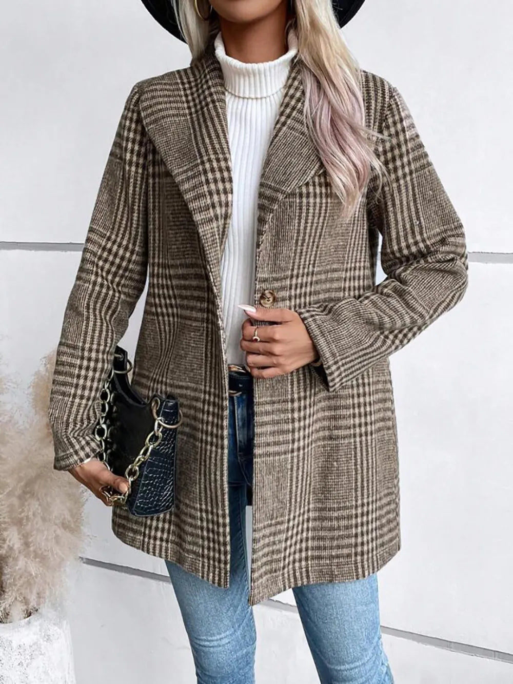 Plaid Collared Neck Long Sleeve Jacket nicholesgifts