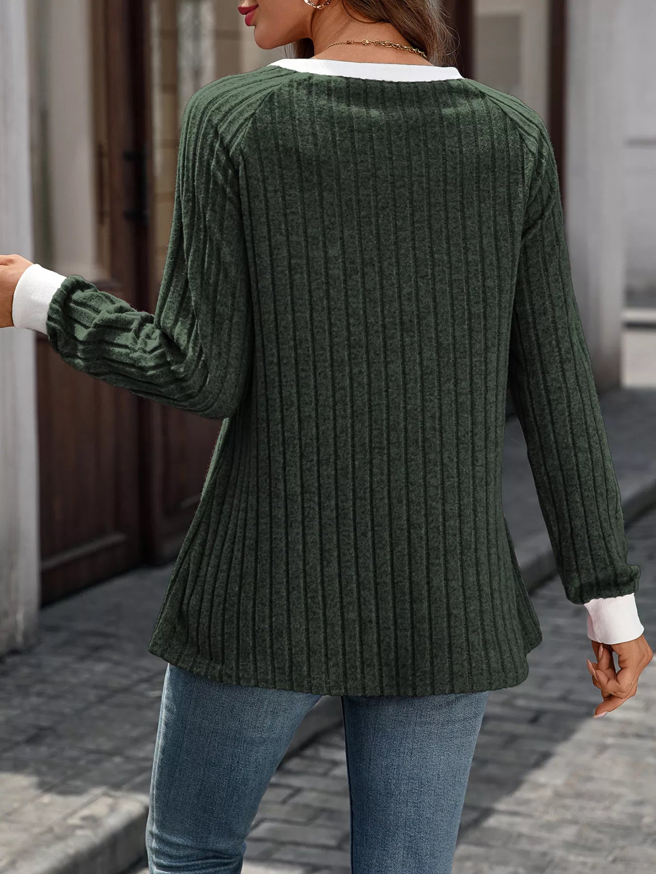 Ribbed Round Neck Raglan Sleeve Knit Top Trendsi