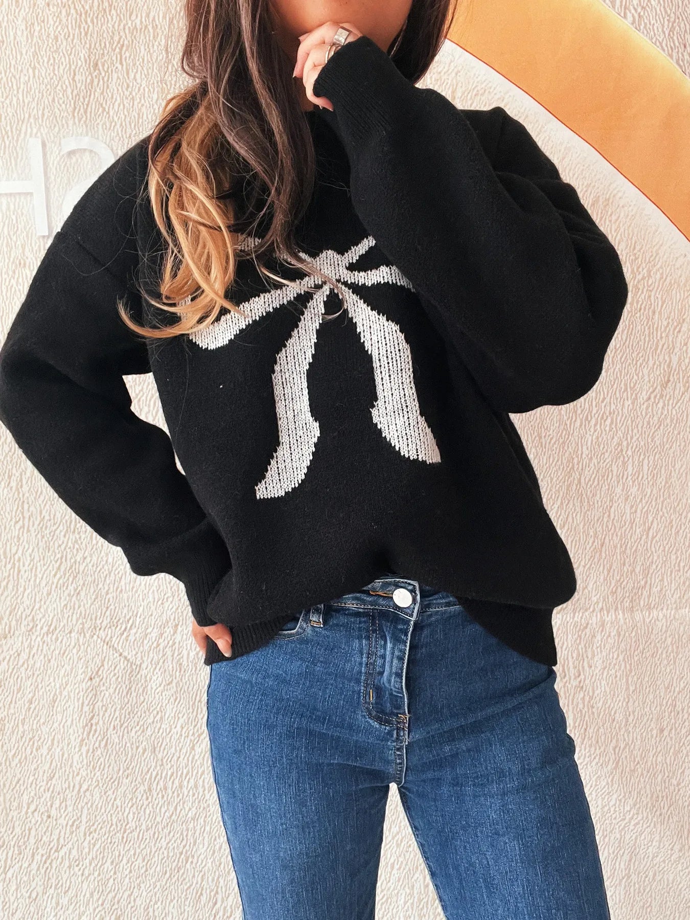 Bow Pattern Casual Long Sleeve Sweater