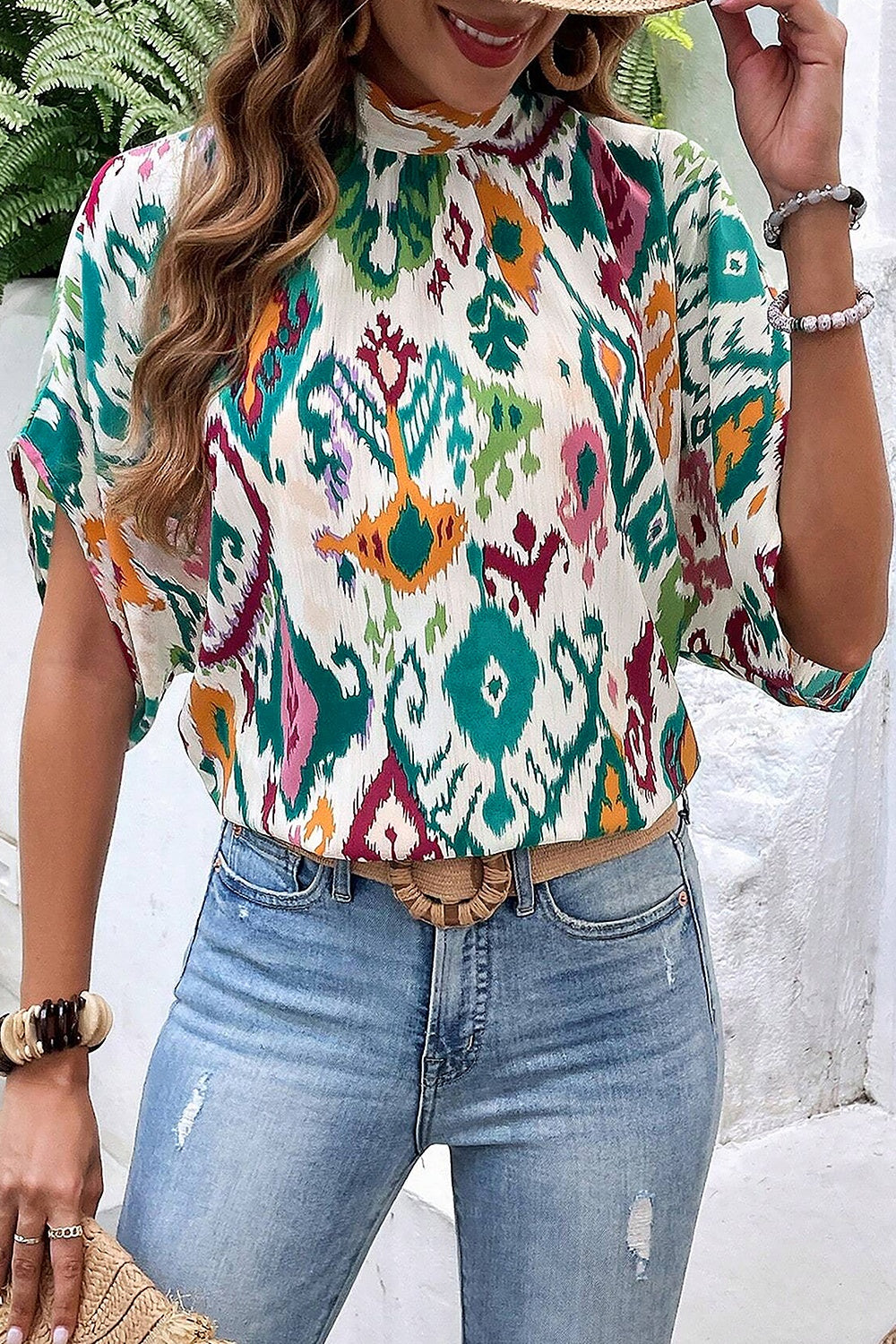 Printed Mock Neck Half Sleeve Blouse nicholesgifts