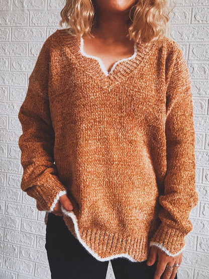 Notched Dropped Shoulder Long Sleeve Sweater nicholesgifts