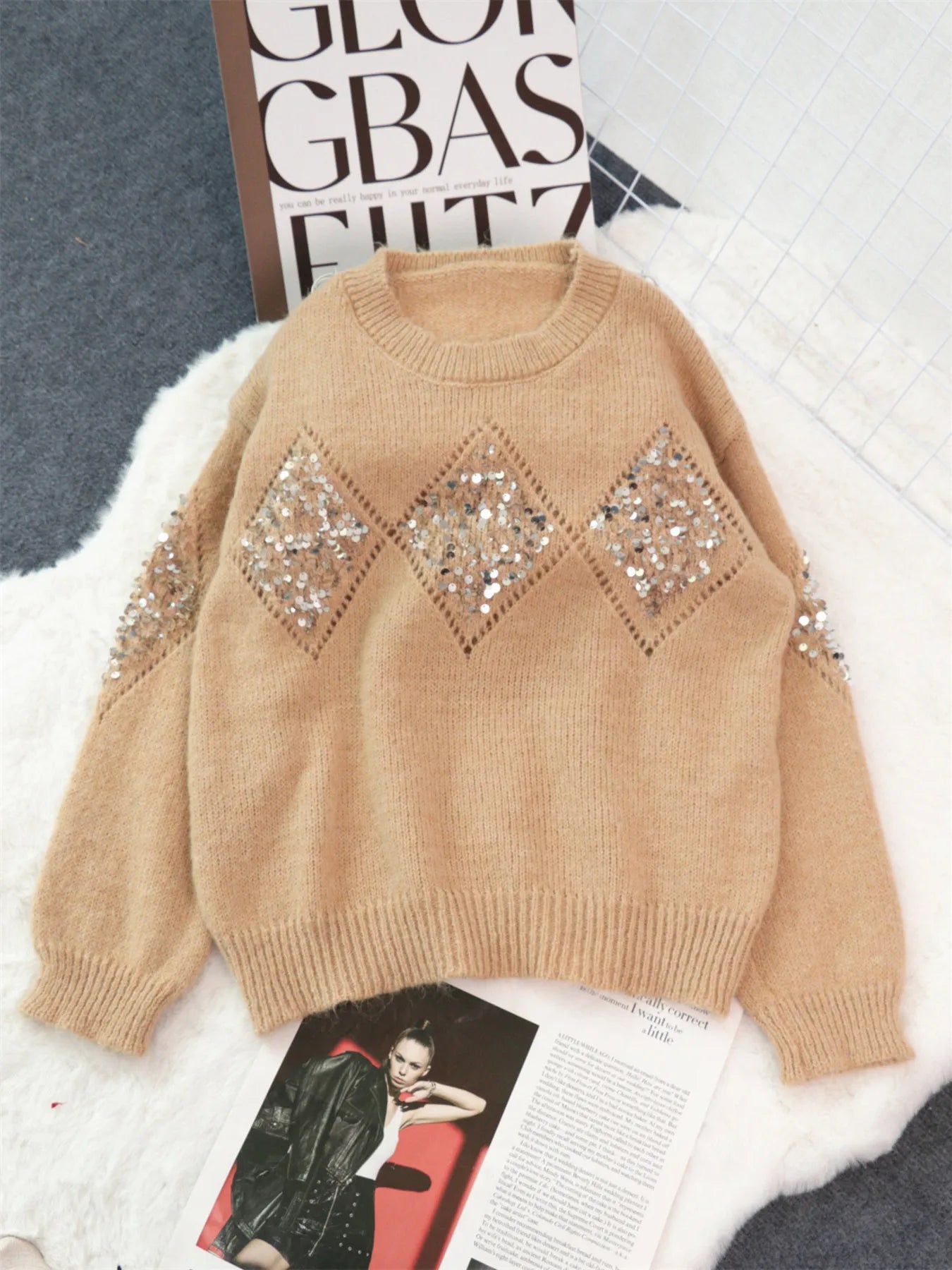 Sequined Diamond Pattern Oversized Sweater Trendsi