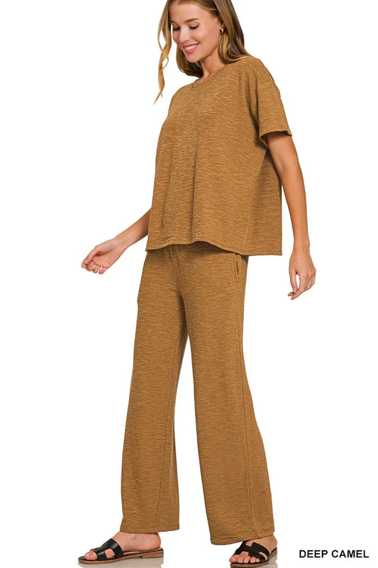 Zenana Slub Short Sleeve T-Shirt and Pants Set NicholesGifts