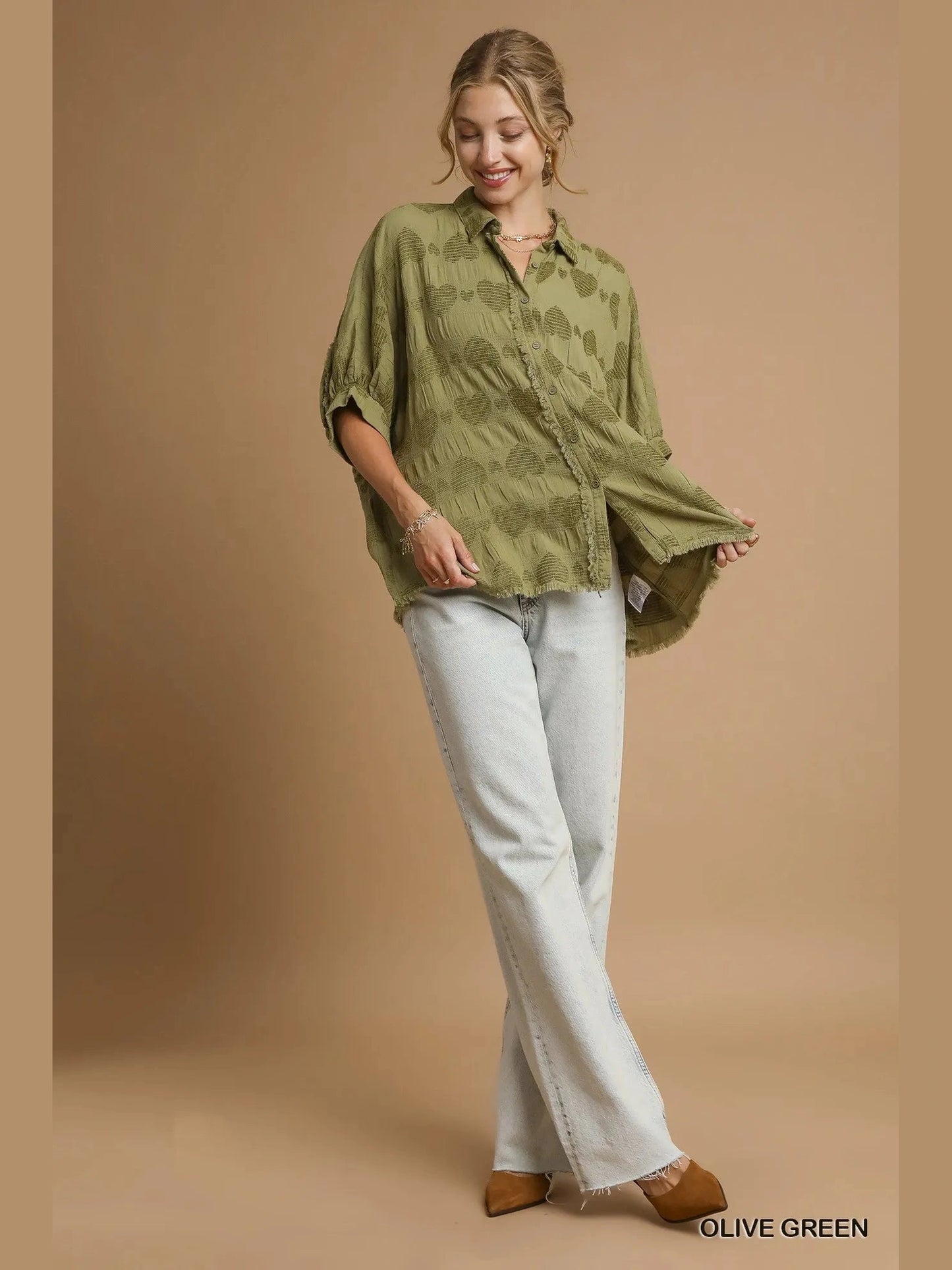 Women Umgee Jacquard Heart Collared Olive Green Short Sleeve Shirt NicholesGifts