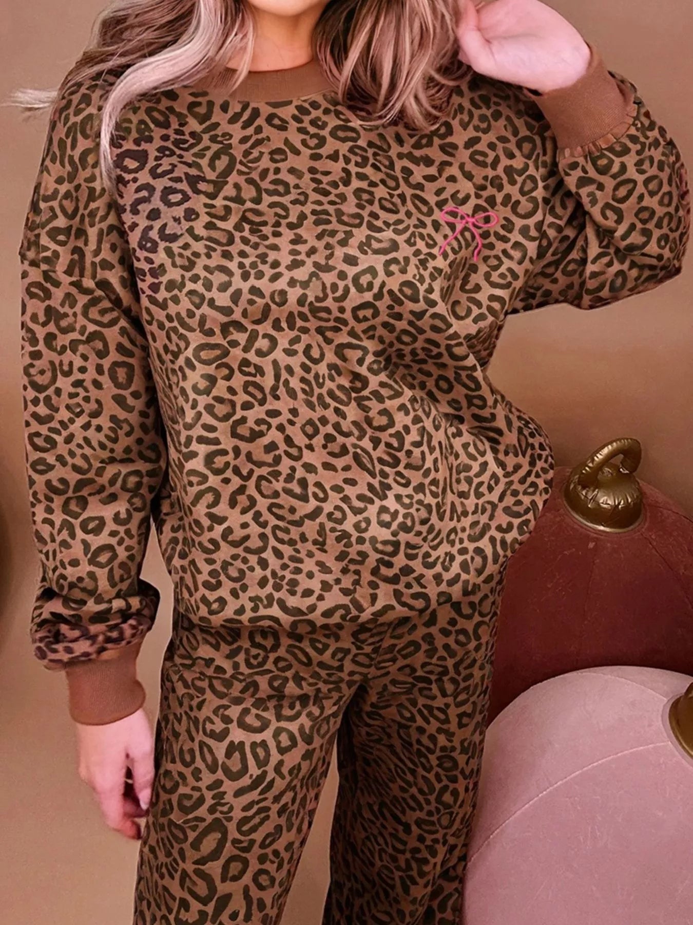 Leopard Print Contrast Trim Long Sleeve Top and Pants Set nicholesgifts