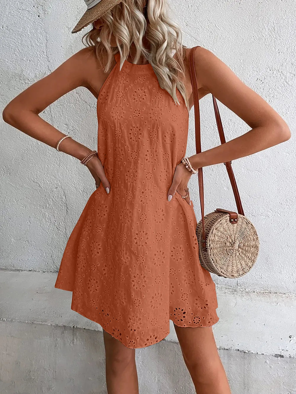 Eyelet Grecian Neck Mini Dress nicholesgifts