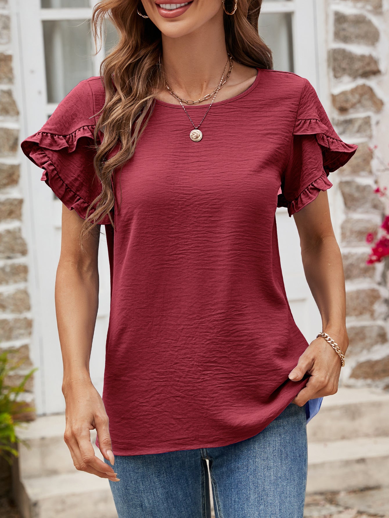 Textured Petal Sleeve Round Neck Tee nicholesgifts