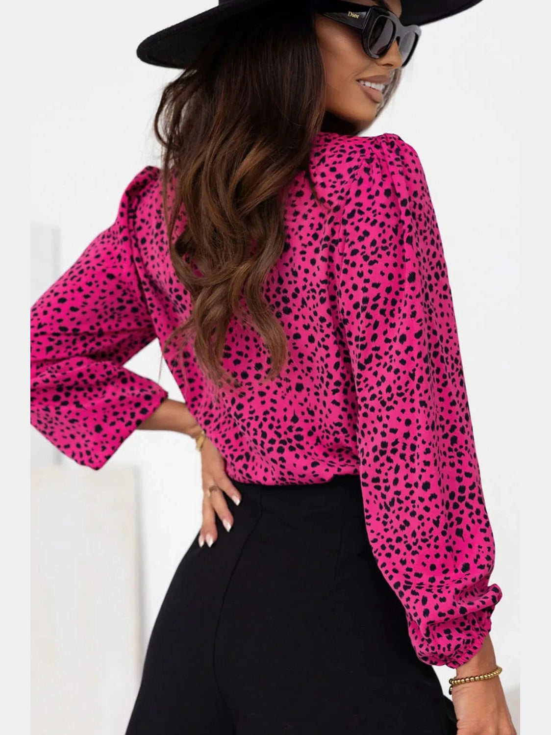 Leopard Round Neck Balloon Sleeve Blouse NicholesGifts
