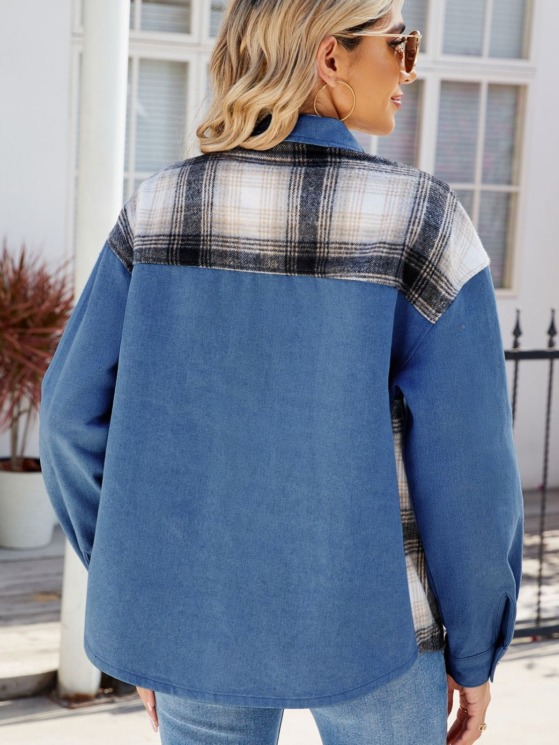 Plaid Button Up Long Sleeve Denim Jacket nicholesgifts