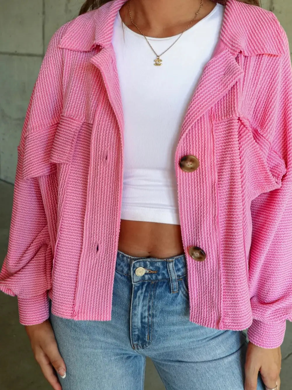 Ribbed Collared Neck Button Up Jacket nicholesgifts