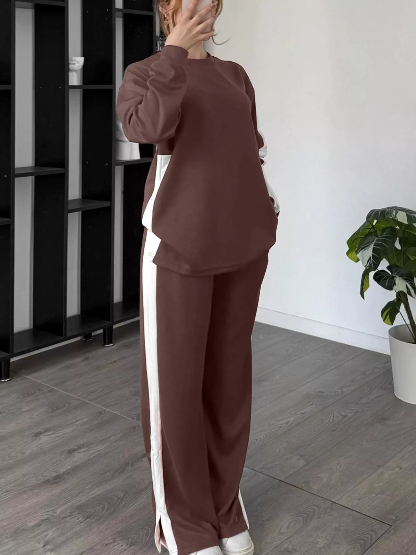 Full Size Contrast Round Neck Top and Pants Set Plus Size nicholesgifts