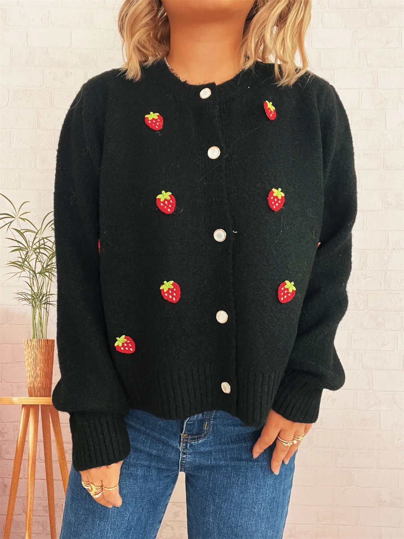 Strawberry Button Up Long Sleeve Cardigan Trendsi