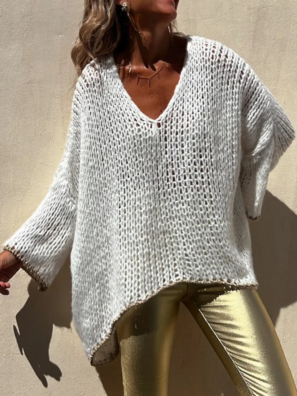 Contrast V-Neck Long Sleeve Sweater Trendsi