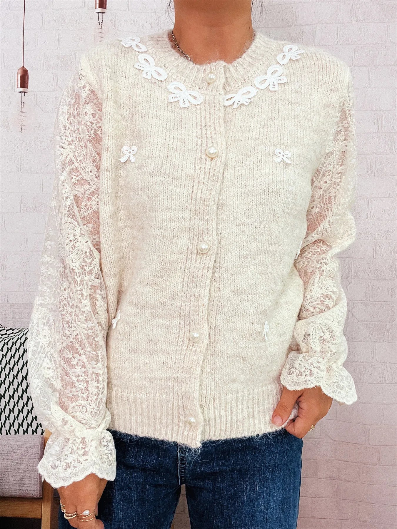 Lace Sleeve Button-Up Cardigan