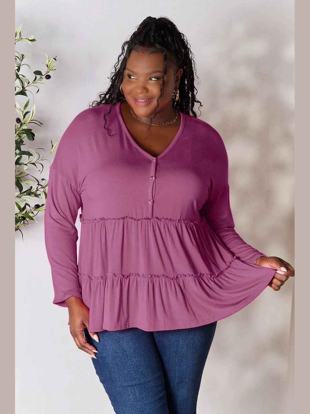 Double Take Half Button Long Sleeve Ruffle Hem Blouse nicholesgifts