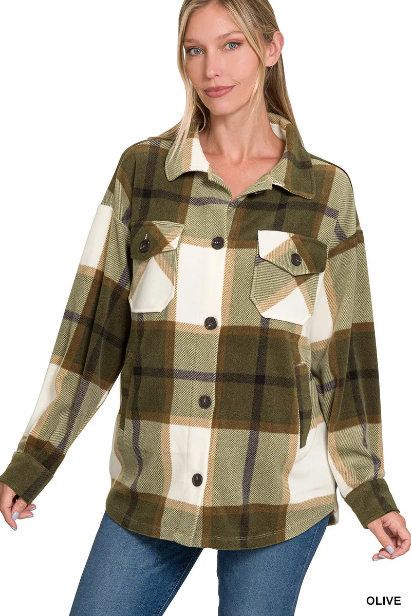 Zenana Oversized Plaid Fleece Shacket Trendsi