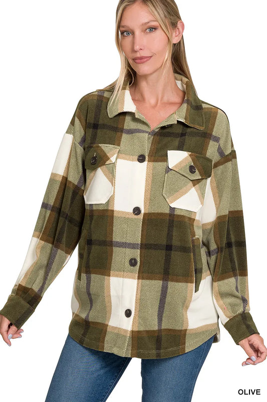 Zenana Oversized Plaid Fleece Shacket Trendsi