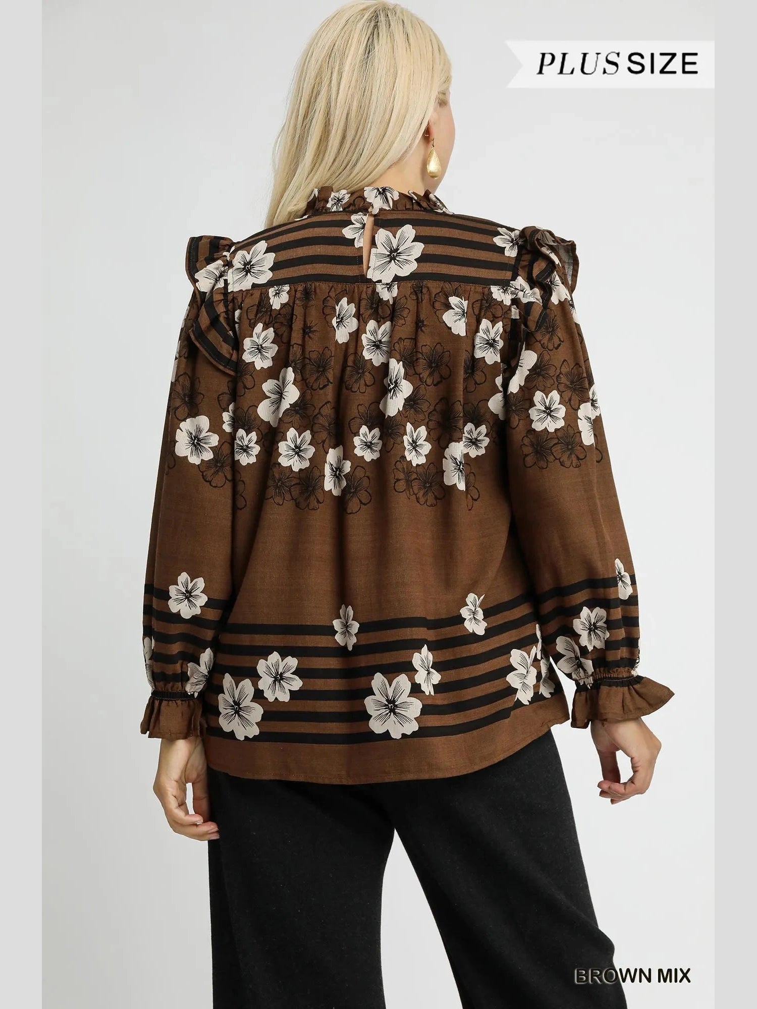 Women Umgee Full Size Mix Floral Smocked Ruffle Long Sleeve Blouse Plus Size NicholesGifts