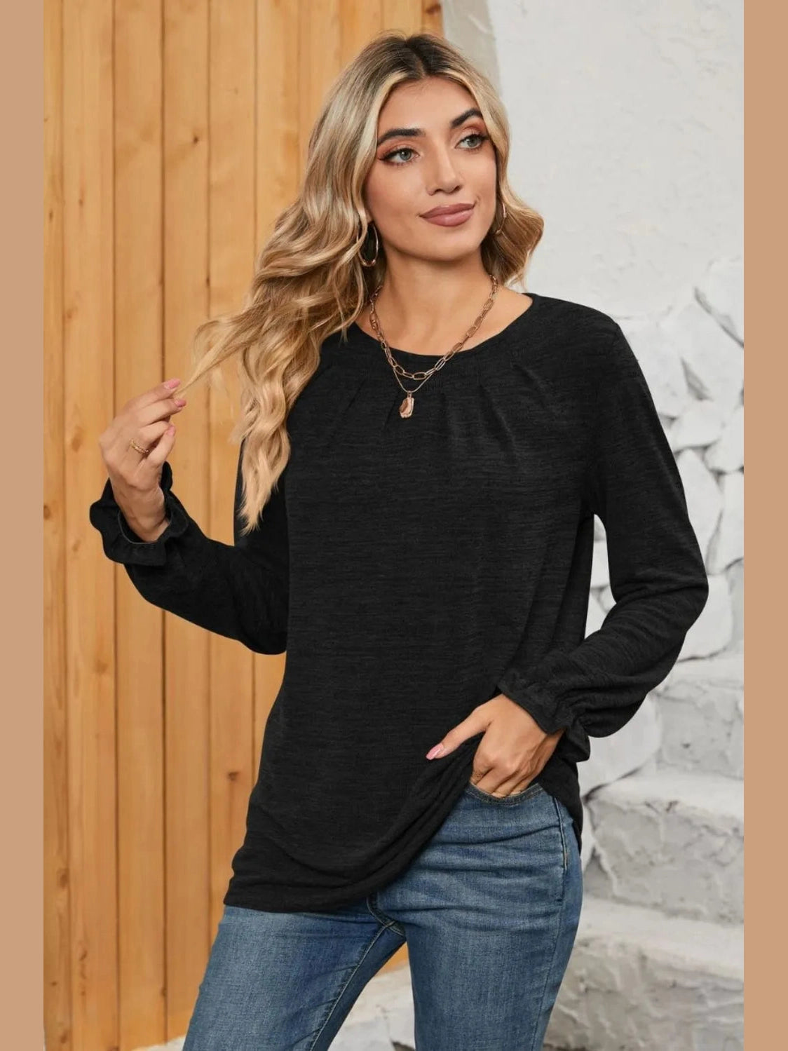 Ruched Round Neck Flounce Sleeve T-Shirt NicholesGifts