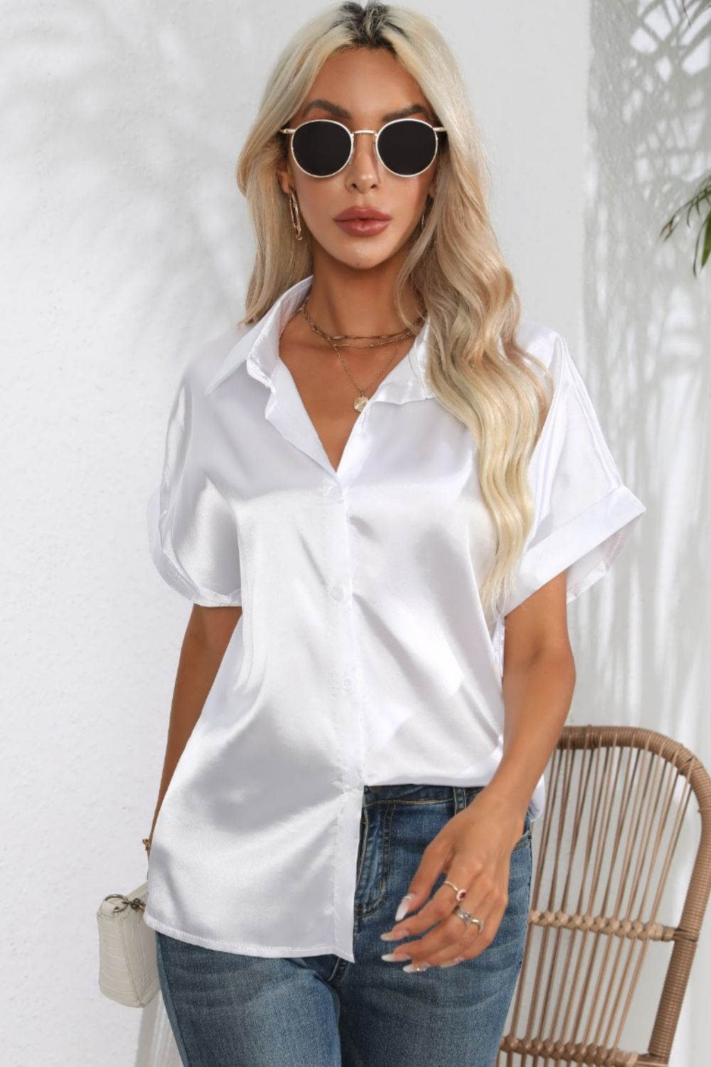 Women Collared Neck Short Sleeve Shirt nicholesgifts