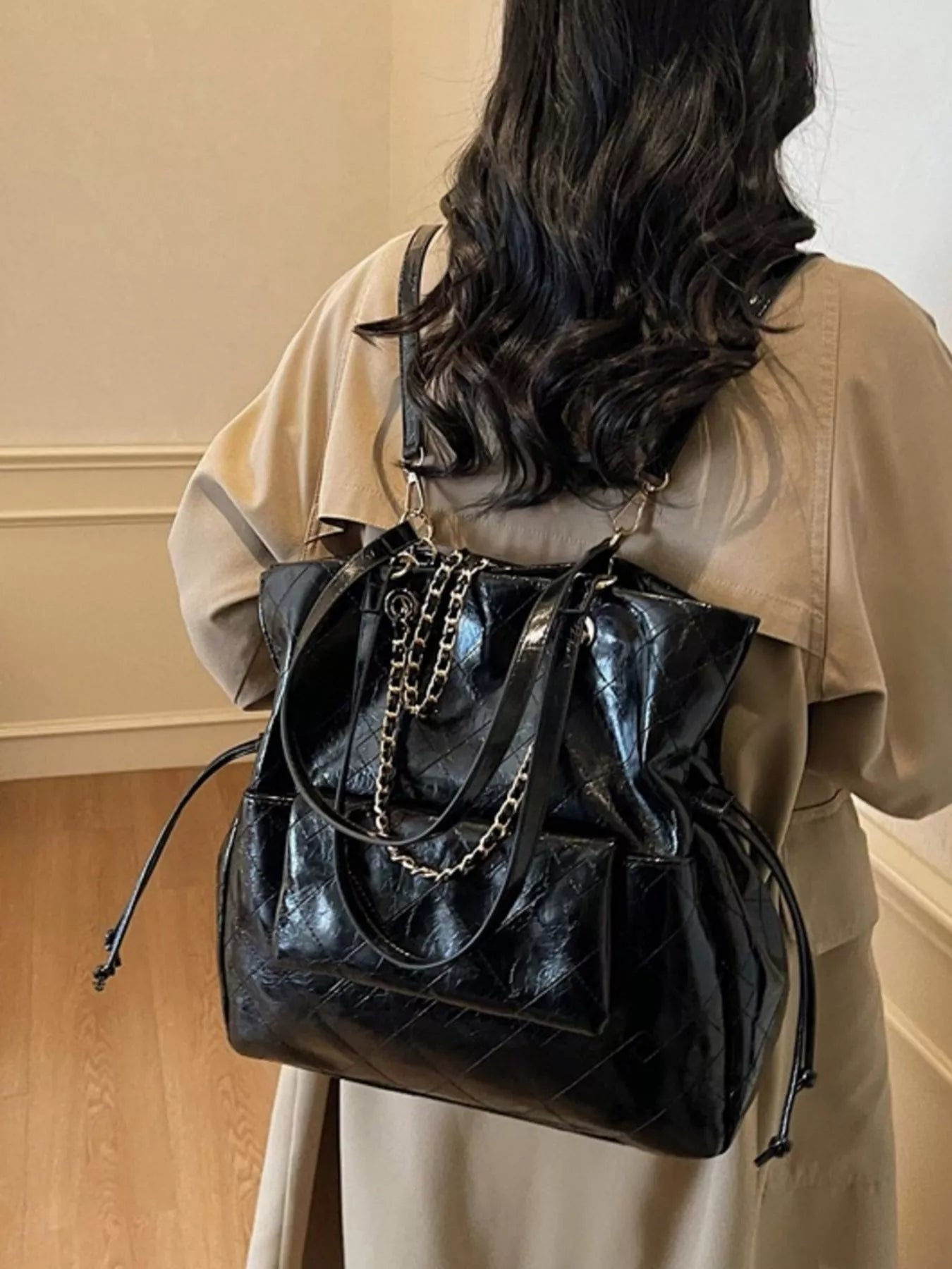Quilted Chain Decor Backpack Bag nicholesgifts