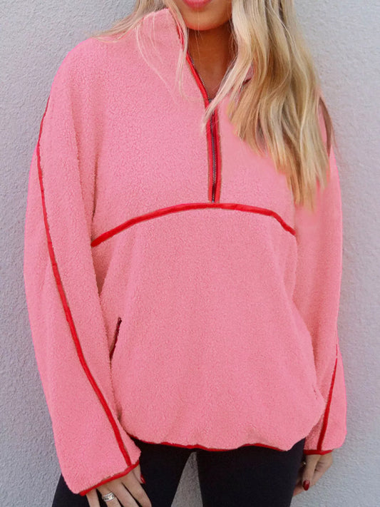 Sherpa Contrast Faux Leather Trim Half Zip Sweatshirt Trendsi