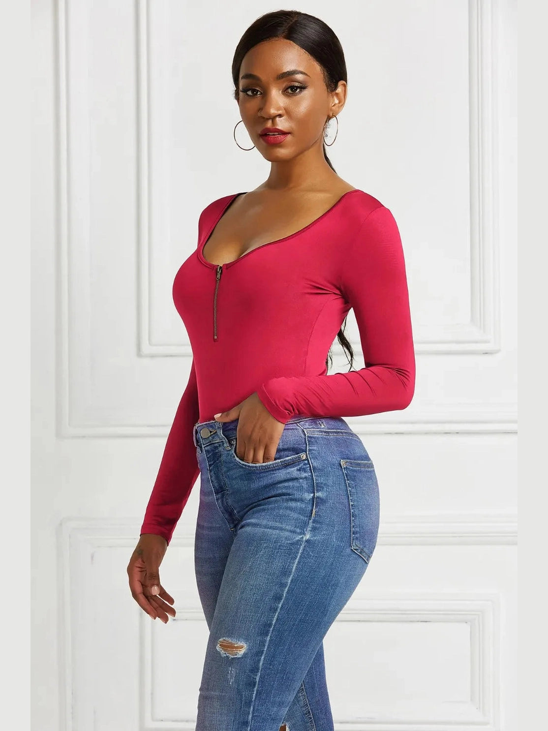 Half Zip Scoop Neck Long Sleeve Bodysuit nicholesgifts