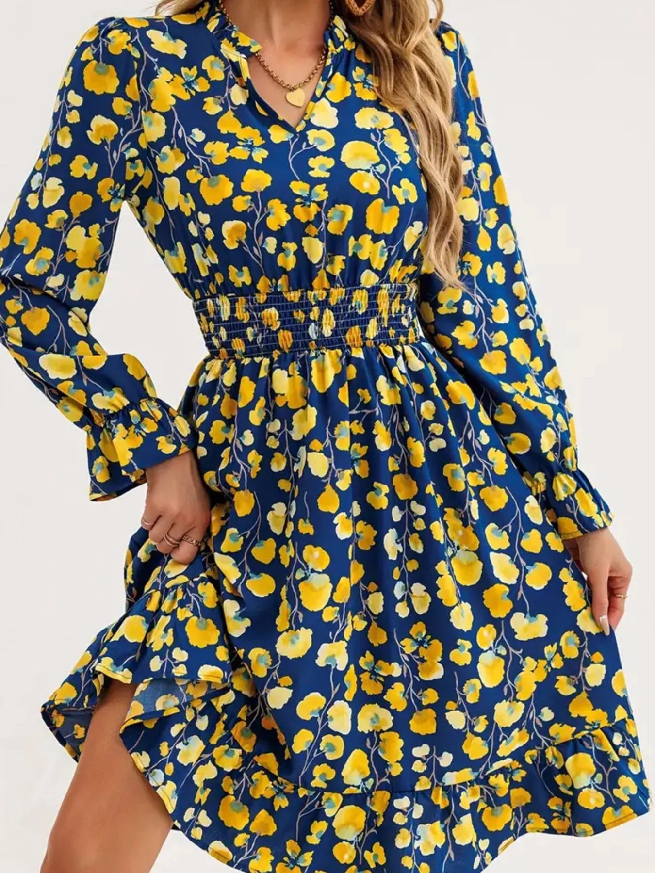 Floral Print Flounce Sleeve Ruffle Hem Dress