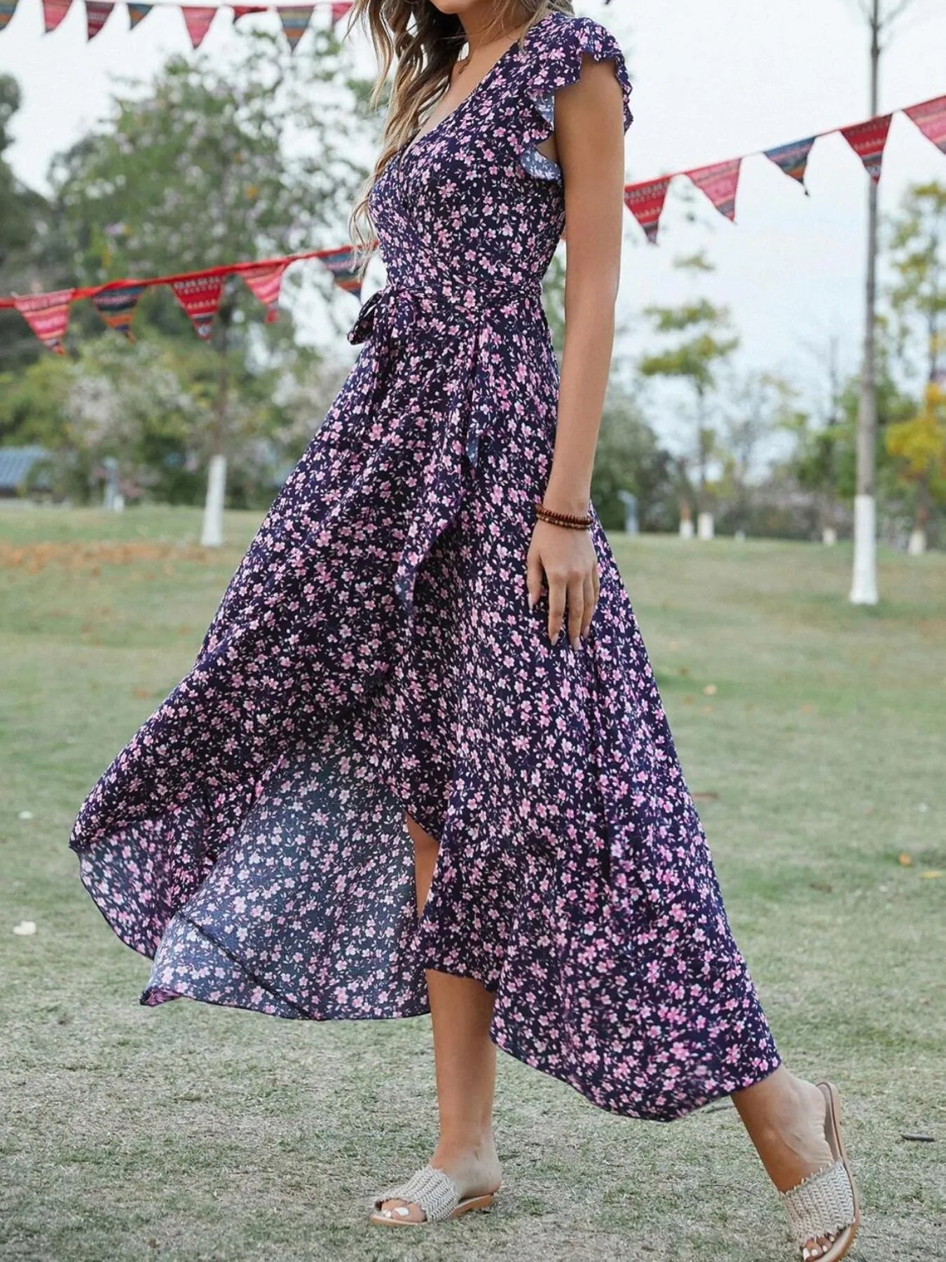 Printed Surplice Ruffle Sleeve Dress NicholesGifts