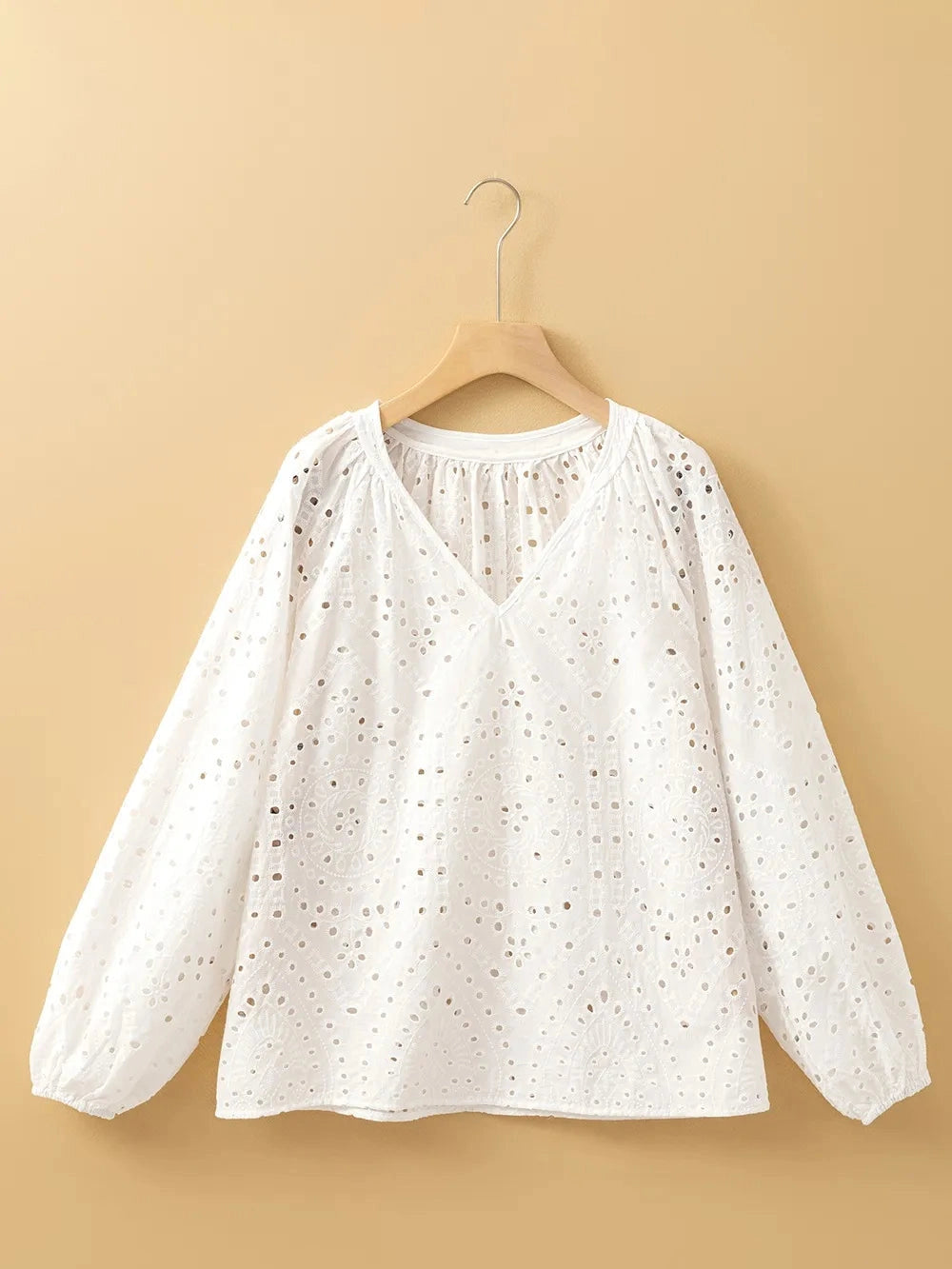 Eyelet V-Neck Long Sleeve Blouse NicholesGifts