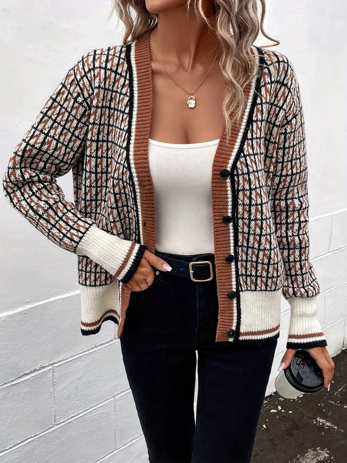 Plaid V-Neck Button Up Cardigan NicholesGifts