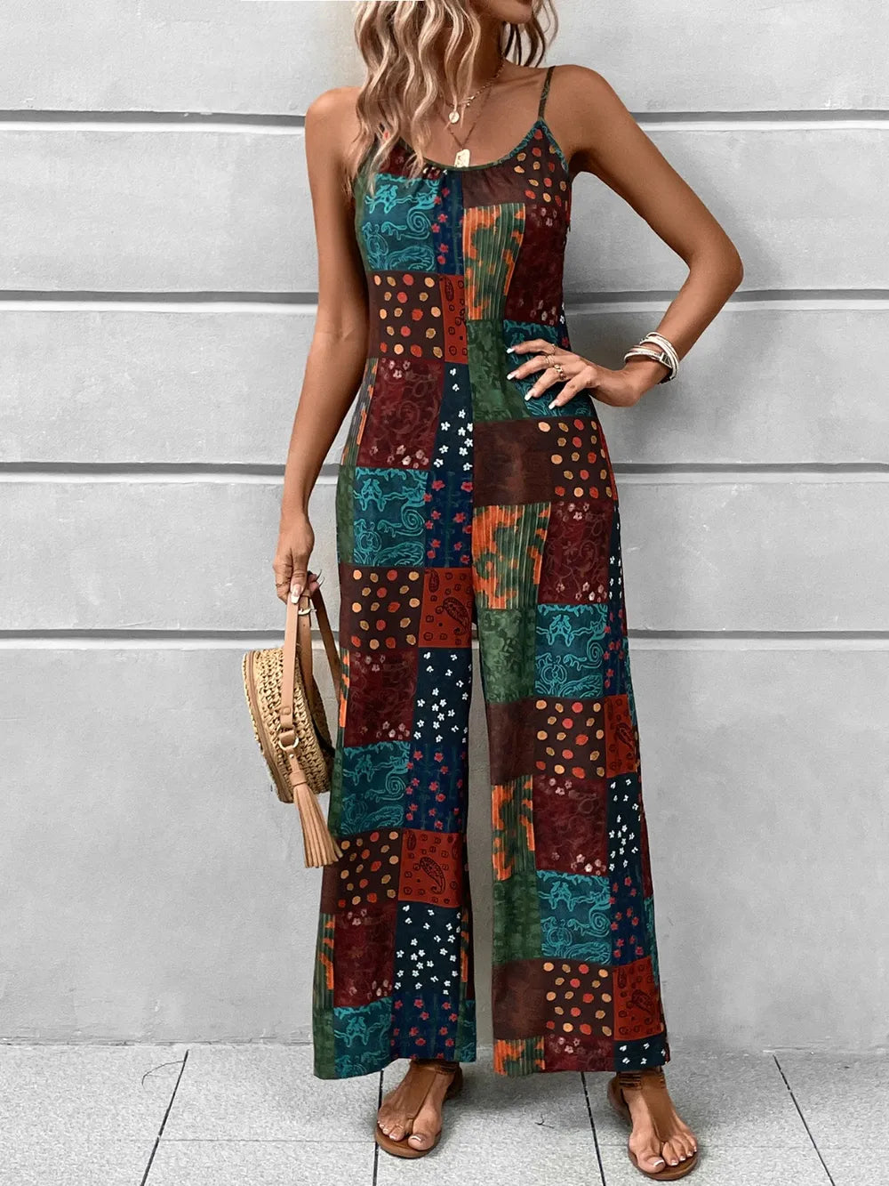 Printed Scoop Neck Spaghetti Strap Jumpsuit nicholesgifts