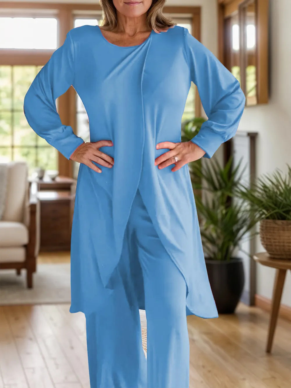 Full Size Slit Round Neck Long Sleeve Top and Pants Set Trendsi