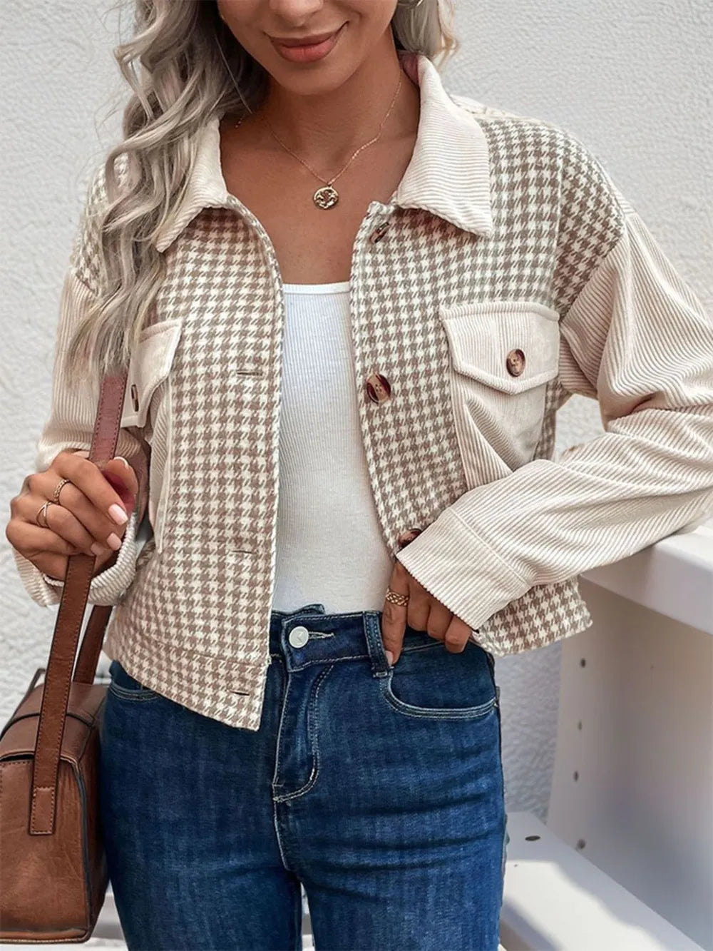 Perfee Pocketed Houndstooth Long Sleeve Jacket nicholesgifts