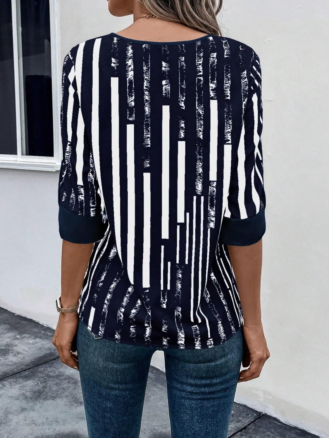 Striped Notched Half Sleeve Blouse nicholesgifts