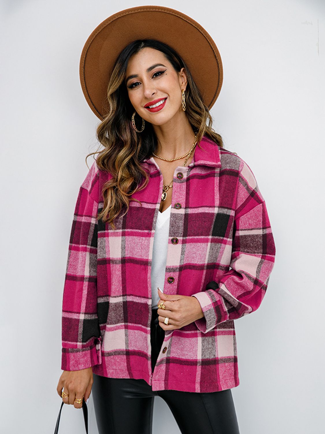 Shiny Plaid Button Up Collared Neck Jacket NicholesGifts