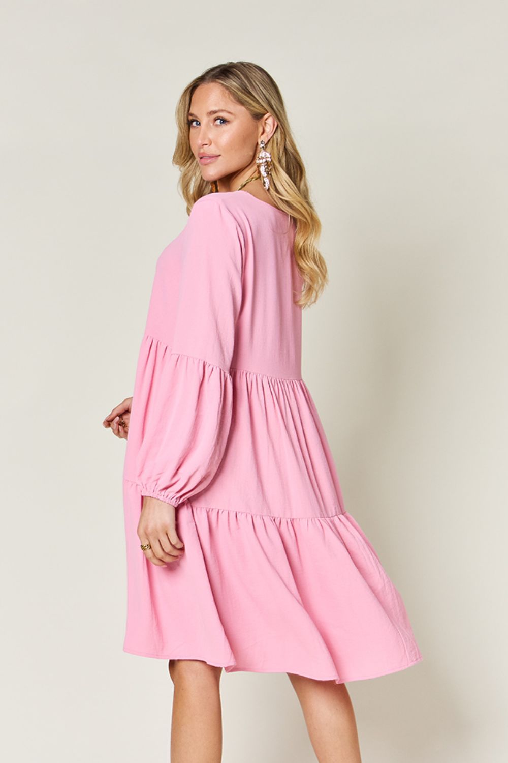 Double Take Full Size V-Neck Balloon Sleeve Tiered Dress nicholesgifts