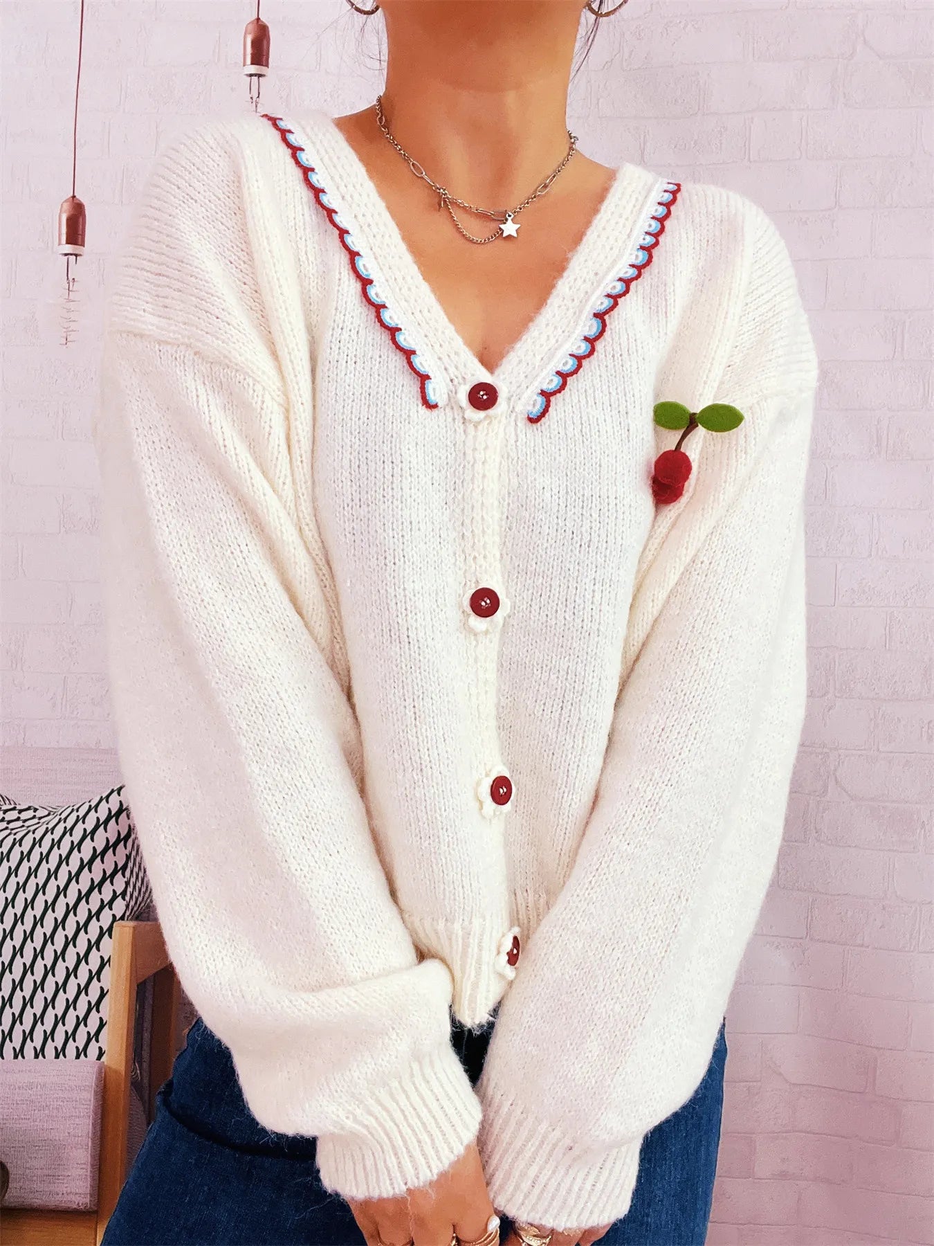 Cherry Button-Front Long Sleeve Cardigan