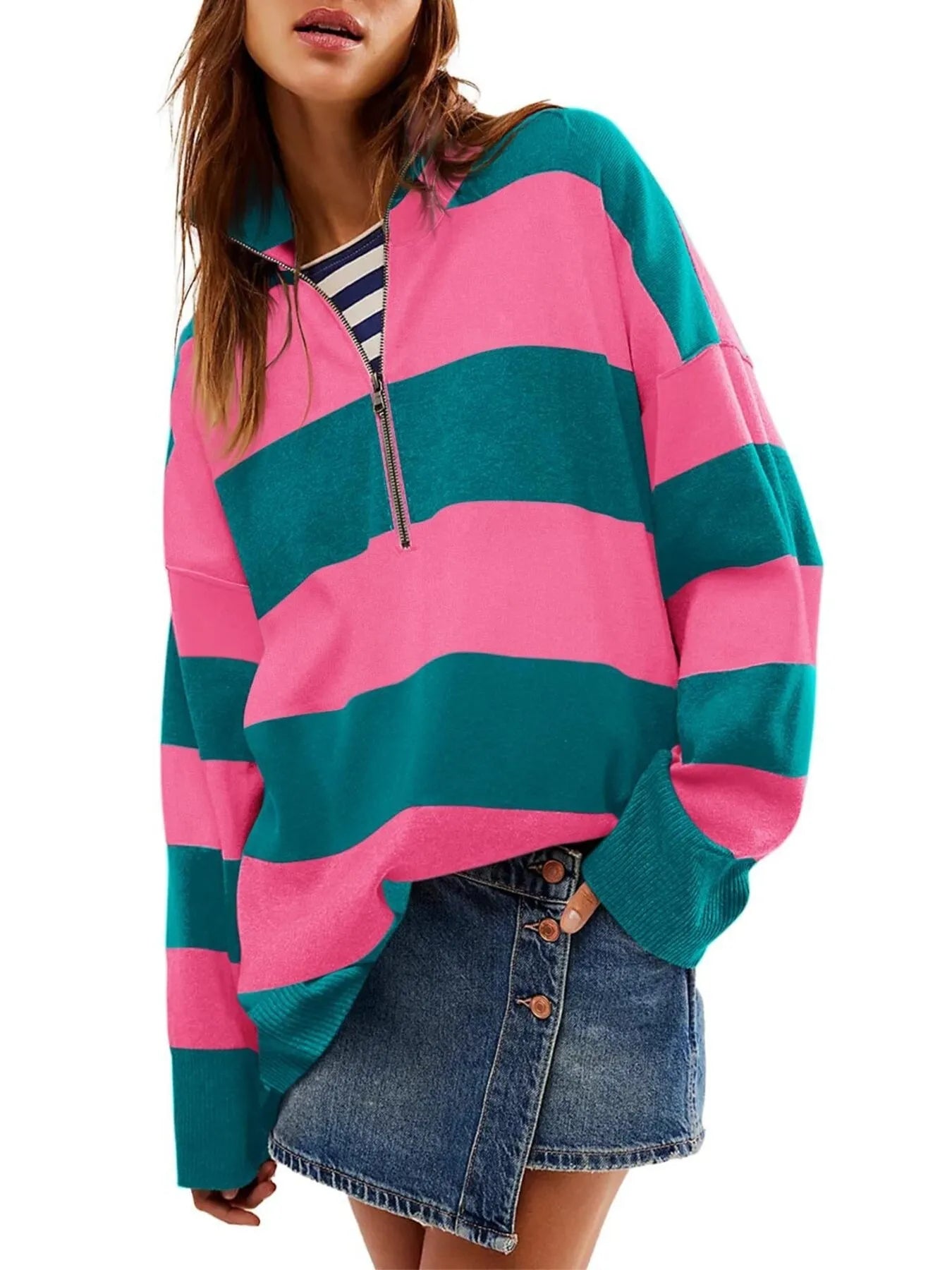 Striped Half-Zip Oversized Sweatshirt NicholesGifts