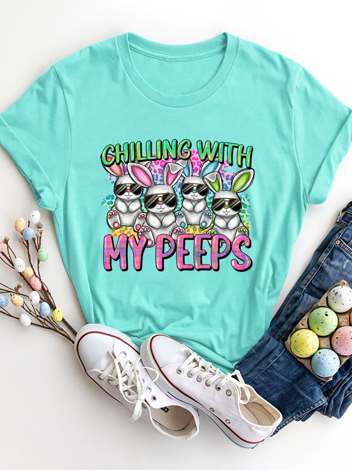 Women Chilling With My Peeps Round Neck Short Sleeve T-Shirt - Nicholesgifts.online